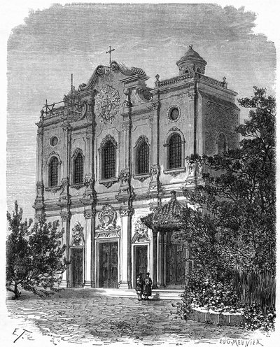 Näkymä Kiinan katolilaisuuden isän Matteo Riccin (1552-1610) talon paikalle rakennetun Nantangin katedraalin julkisivusta. Kaiverrus Therondin piirustuksen jälkeen julkaisussa "" Le Tour du Monde, Nouveau Journal des Voyages", toimittanut Edouard Chart tekijältä Emile Theodore Therond
