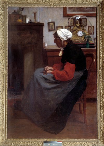 Yksinkertainen sydän Vanha talonpoika, joka nukkuu tuolilla maalaismaisessa sisustuksessa. Emile Troncyn (1859-1943) maalaus. Pariisi, Palais du Luxembourg DR tekijältä Emile Troncy