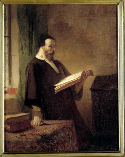 Bibliofiili Mies lukee kirjaa. Emile Vaude (1819-1884) maalaus 1800-luvun Troyes Museum of Fine Arts tekijältä Emile Vaude