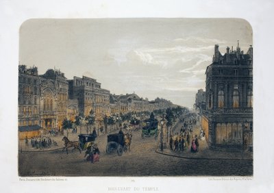 Boulevard du Temple, Pariisi. Litografia-akvarelli, kuvitus E.de la Tramblaiz, "Album, souvenirs de Paris"", Daziaro-toimittaja, Paris tekijältä Emile de la Tramblais