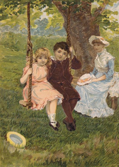 Poika ja tyttö istuvat keinussa (kromoliitti) tekijältä Emily Jane Harding Andrews