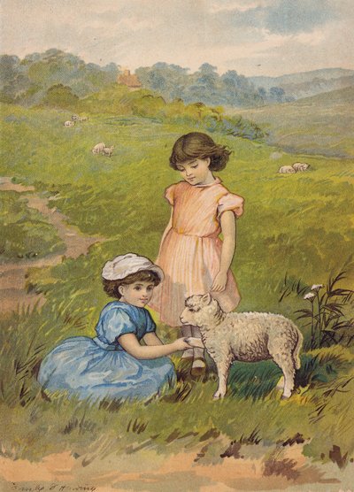 Kaksi tyttöä silittää karitsaa (chromolitho) tekijältä Emily Jane Harding Andrews