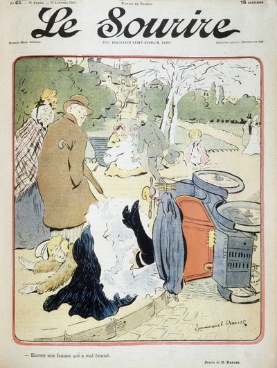 Auto-onnettomuus: "Toinen nainen, joka menee pieleen." Kuvitus: Emmanuel Barcet (1870-1940) - elokuvassa "" Le Smile" 19.1.1901 tekijältä Emmanuel Barcet