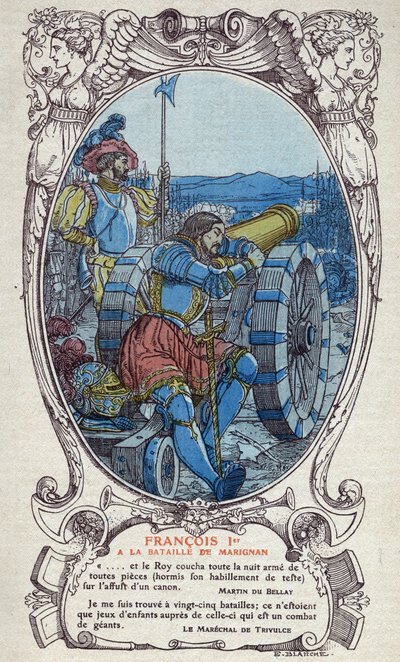 Ranskan kuningas Francois I (1494-1547) Marignanin taistelussa 13. ja 14. syyskuuta 1515. Emmanuel Blanchen (1880-1946) kaiverrus vuodelta 1914. DR Yksityinen kokoelma. tekijältä Emmanuel Blanche