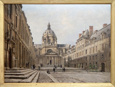 Näkymä vanhan Sorbonnen pihalle vuonna 1886, 1600-luvulla Richelieun pyynnöstä rakennettu vanha Sorbonnen kokonaisuus tuhoutui uudelleen rakentamista ja laajennusta varten vuosina 1885-1901. Ludvig XIII:n tyyliin inspiroidut rakennukset olivat suunnittelua tekijältä Emmanuel Lansyer