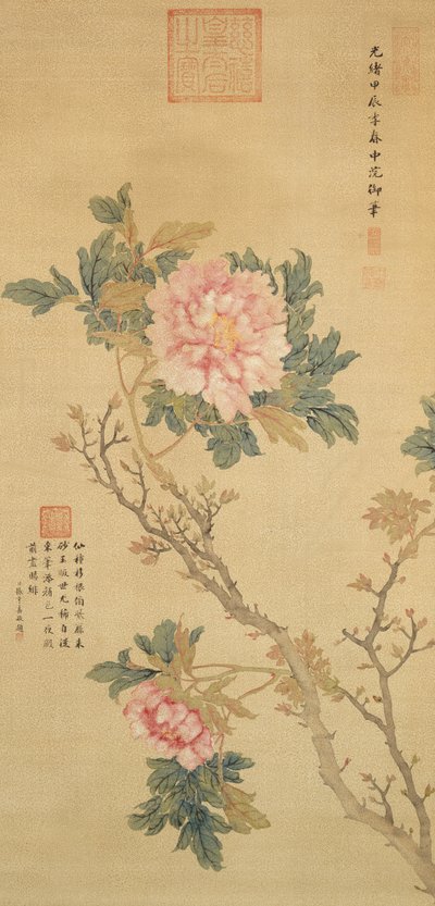 Pioni, Qing-dynastia (tussi ja väri silkille). tekijältä Empress Cixi Manchu-Chinese