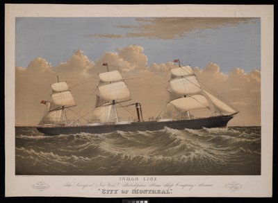 Inman Line, The Liverpool, New York  Philadelphia Steam Ship Companyn höyrylaiva City of Montreal (litografia, värillinen). tekijältä Endicott Endicott