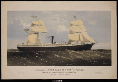 Philadelphian höyrylaiva Neshannock. James H Winchester, komentaja. E A Souder  Company, omistajat (litografia, värillinen). tekijältä Endicott Endicott
