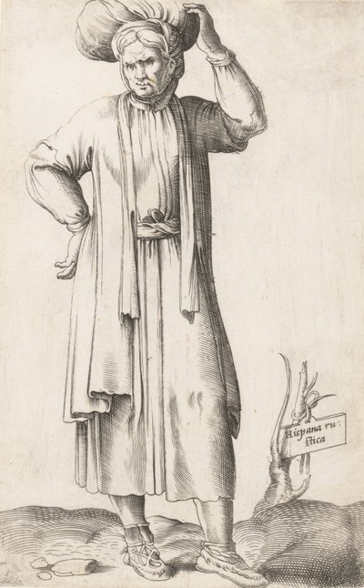Pukulautanen: Hispania Rustica, jossa pyykki päässä, n. 1557-58. tekijältä Enea Vico