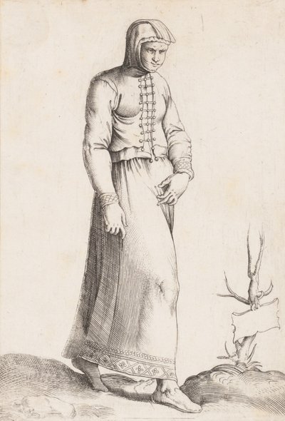 Pukulevy: Nainen hupullinen vaate, n. 1557-58. tekijältä Enea Vico