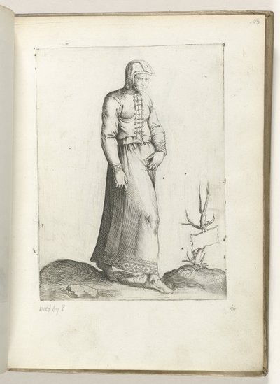 Een vrouw uit Espanjassa, gekleed volgens de mode van ca. 1550 Aikamme eri kansojen asenteet (sarjan nimi) tekijältä Enea Vico