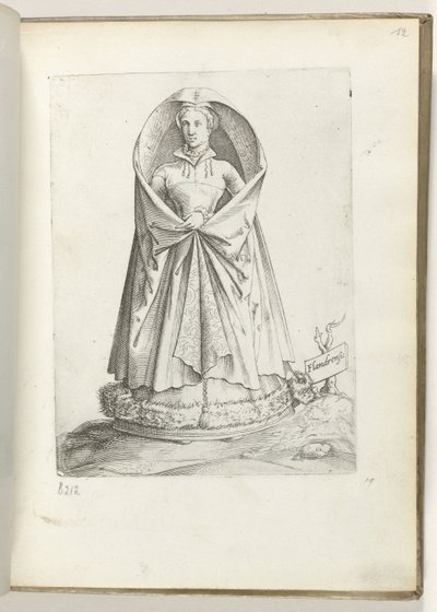 Flanderi (otsikko esineessä) Een vrouw uit Vlaanderen, gekleed volgens de mode van ca. 1550 Aikamme eri kansojen asenteet (sarjan nimi) tekijältä Enea Vico
