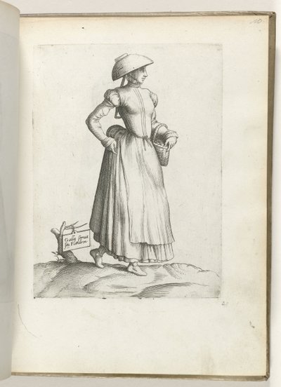 Pidä Galla tai Flandren. (otsikko esineessä) Dienstbode uit Vlaanderen, gekleed volgens de mode van ca. 1550 Aikamme eri kansojen asenteet (sarjan nimi) tekijältä Enea Vico