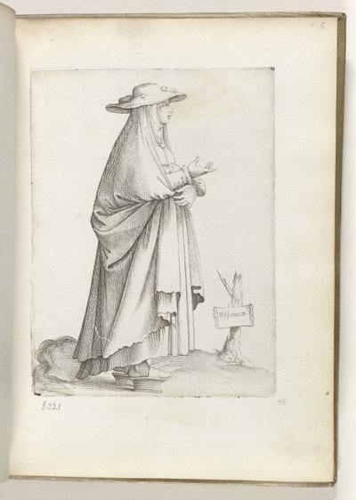 espanja m(ulier) (otsikko esineessä) Vrouw naar rechts, espanjaksi kleding. noin 1550 Aikamme eri kansojen asenteet (sarjan nimi) tekijältä Enea Vico