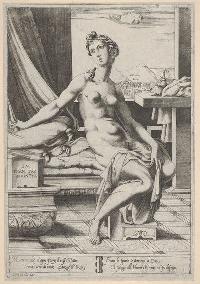 Lucretia alasti ja istuu ikkunan edessä, tikari oikeassa kädessään ja pitelee..., n. 1535-67. tekijältä Enea Vico