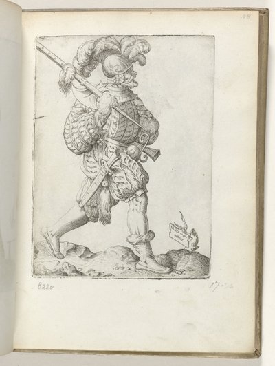 Saksalainen sotilas (nimi esineessä) Duitse soldaat, gekleed volgens de mode van ca. 1550 Aikamme eri kansojen asenteet (sarjan nimi) tekijältä Enea Vico