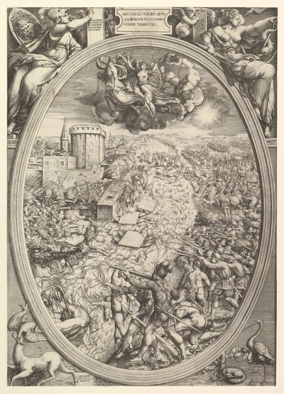 Mühlbergin taistelu Kaarle V:n armeijan ylittäessä Elbe-joen, 1551. tekijältä Enea Vico