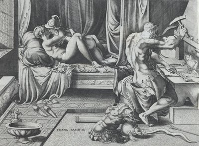 Venus ja Mars syleilevät Vulcan Worksissa hänen pajassaan, 1543. tekijältä Enea Vico