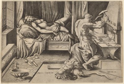 Venus makaamassa Vulcanin kanssa pajassaan tekijältä Enea Vico after Parmigianino