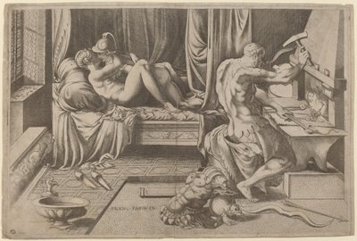 Venus ja Mars halaavat Vulcanin kanssa hänen Forgessaan tekijältä Enea Vico after Parmigianino