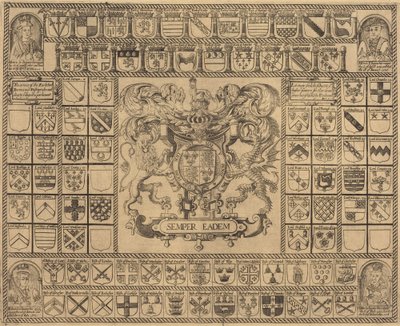 Henry VII:n, Henrik VIII:n, Edward VI:n ja Maryn vaakunat kulmamuotokuvilla tekijältä English 16th Century