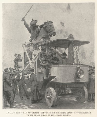 Gallialainen sankari autossa kuljettamassa Vercingetorixin Bartholdin patsaan Champs Elysees