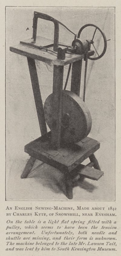 Englantilainen ompelukone, jonka teki noin 1842 Charles Kyte, Snowshillistä lähellä Eveshamia tekijältä English Photographer