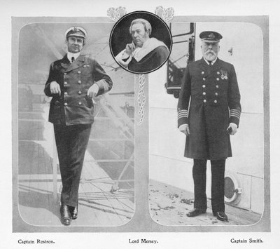 Arthur Henry Rostron, Titanicin eloonjääneitä pelastaneen RMS Carpathian kapteeni (vasemmalla), Lord Mersey, joka johti Titanicin tutkintakomission (keskellä) ja Edward John Smith, Titanicin kapteeni (vasemmalla) tekijältä English Photographer
