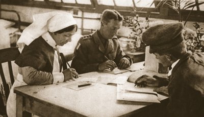 Australialaiset ja asevelvollisuus: Kuinka australialaiset äänestetään Lontoon sairaalassa, kuva The Illustrated War Newsista, 25. lokakuuta 1916 (seepiakuva) tekijältä English Photographer