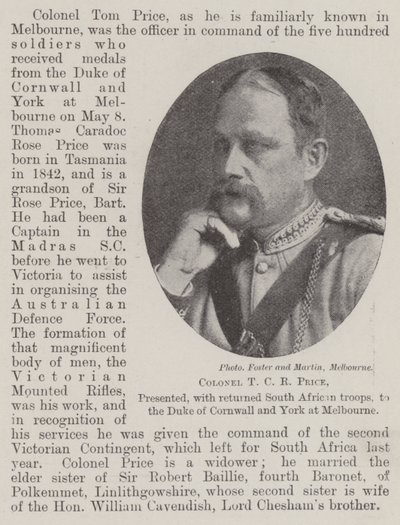 Eversti T C R Price, palautettujen Etelä-Afrikan joukkojen kanssa, Cornwallin ja Yorkin herttualle Melbournessa tekijältä English Photographer