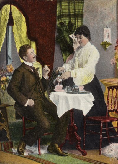 Pariskunta juo teetä yhdessä (chromolitho) tekijältä English Photographer