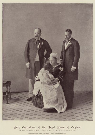 Englannin kuninkaallisen talon neljä sukupolvea, kuningatar, Walesin prinssi, Yorkin herttua ja Yorkin prinssi Edward Albert tekijältä English Photographer