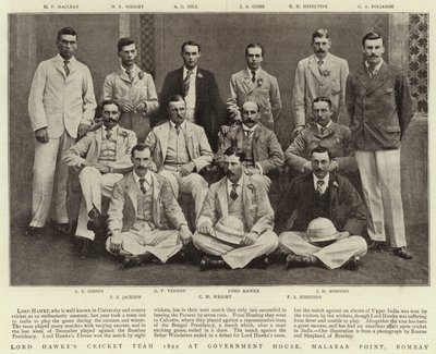 Lord Hawkesin krikettijoukkue 1892 hallituksen talossa, Malabar Pointissa, Bombayssa tekijältä English Photographer