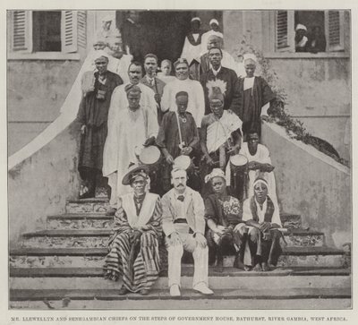 Herra Llewellyn ja Senegambian päälliköt hallituksen talon portailla, Bathurst, Gambia-joki, Länsi-Afrikka tekijältä English Photographer