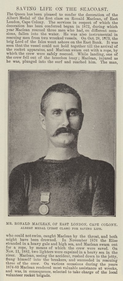 Ronald Maclean, East London, Cape Colony, Albert-mitali (ensimmäinen luokka) Saving Life tekijältä English Photographer