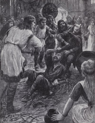 Kuningas Edmund I:n murha osallistuessaan Pyhän Augustinuksen päivän messuun Pucklechurchissa, Gloucestershiressä, 946 (litho) tekijältä English Photographer
