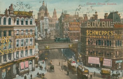 Postikortti Ludgate Circuksesta, Lontoo, lähetetty vuonna 1913 (käsin värjätty valokuva) tekijältä English Photographer