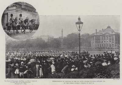 Kuningas Edward VII esitteli värit 3. Scots Guardille Horse Guards Paradessa 24. toukokuuta tekijältä English Photographer