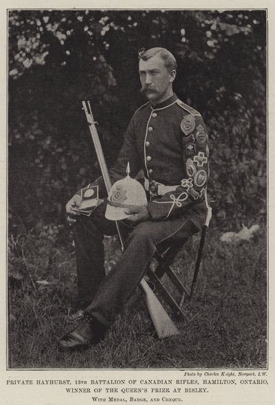 Yksityinen Hayhurst, Kanadan kiväärien 13. pataljoona, Hamilton, Ontario, Bisleyn Queens-palkinnon voittaja, mitalilla, kunniamerkillä ja shekillä tekijältä English Photographer