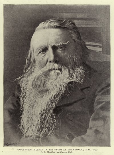 Professori Ruskin tutkimuksessaan Brantwoodissa toukokuussa 1894 tekijältä English Photographer