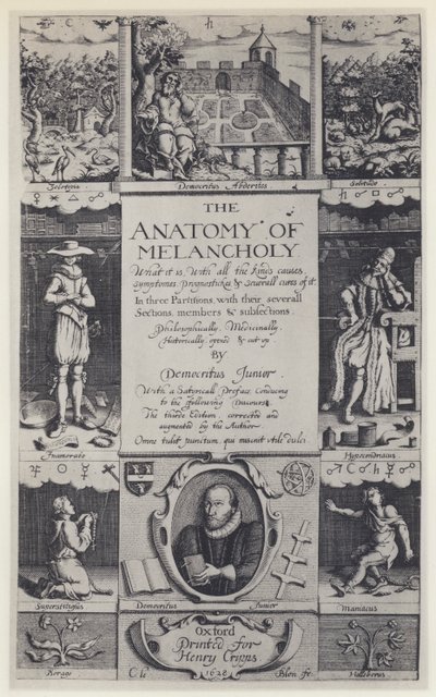 R Burton, Melankolian anatomia, kolmas painos, J Lichfield H Crippsille, Oxford 1628 (m/v kuva) tekijältä English Photographer
