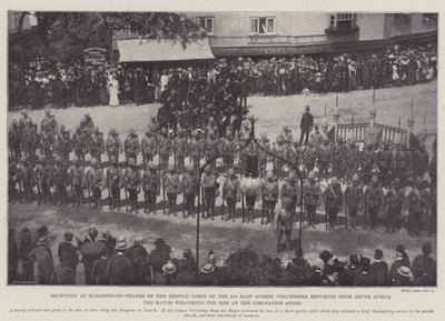 Etelä-Afrikasta palaavien 2. East Surreyn vapaaehtoisten palvelujoukon vastaanotto Kingston-on-Thamesissa, pormestari toivotti miehet tervetulleeksi kruunauskivelle tekijältä English Photographer