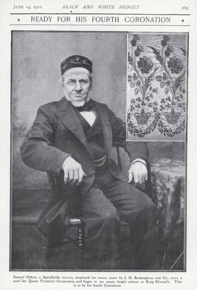 Samuel Oldart, kutoja Spitalfieldsistä Lontoosta, joka kutoi huivin kuningatar Victorian kruunajaisjuhliin (m/v kuva) tekijältä English Photographer