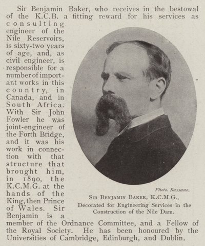 Sir Benjamin Baker, KCMG, palkittiin Niilin padon rakentamisen suunnittelupalveluista tekijältä English Photographer