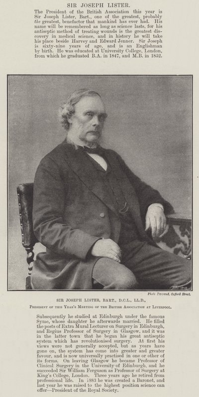 Sir Joseph Lister, Baronet, DCL, LLD, British Associationin tämän vuoden kokouksen puheenjohtaja Liverpoolissa tekijältä English Photographer