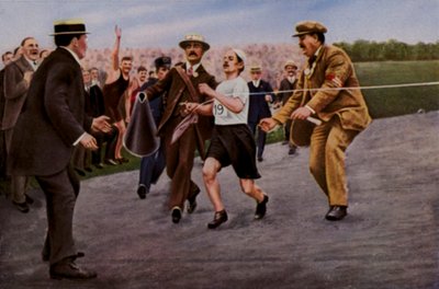 Kärsi nestehukasta ja uupumuksesta. Italialainen urheilija Dorando Pietri autetaan maaliviivan yli voittamaan maratonin olympialaisissa Lontoossa 1908 tekijältä English Photographer