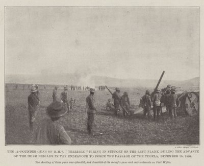 HMS:n 12 punnan aseet Kauheat tulitukset vasemman kylkeen tueksi Irlannin prikaatin etenemisen aikana pyrkiessä pakottamaan Tugelan kautta, 15. joulukuuta 1899 tekijältä English Photographer