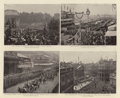 Ulkomaalaiset prinssit ohittavat Hyde Park Cornerin, Sir Wilfrid Laurier, GCMG, Kanadan pääministeri ja Colonial Escort Pall Mallissa, laivastoprikaati ylittää London Bridgen, kulkue katolta. tekijältä English Photographer
