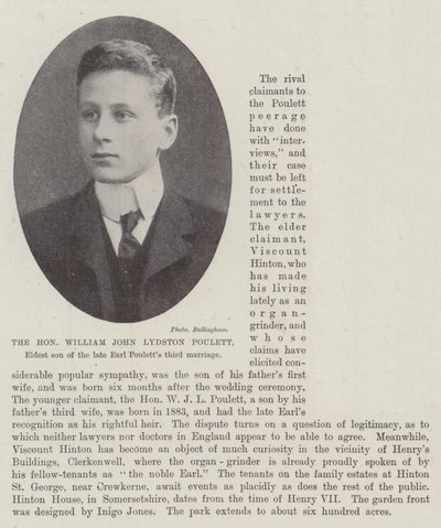 Kunnioitettava William John Lydston Poulett, edesmenneen Earl Poulettsin kolmannen avioliiton vanhin poika tekijältä English Photographer