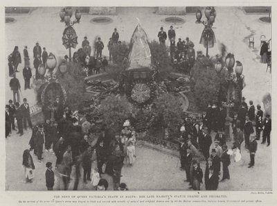Uutiset kuningatar Victorian kuolemasta Maltalla, hänen edesmennyt majesteettinsa patsas verhottu ja koristeltu tekijältä English Photographer